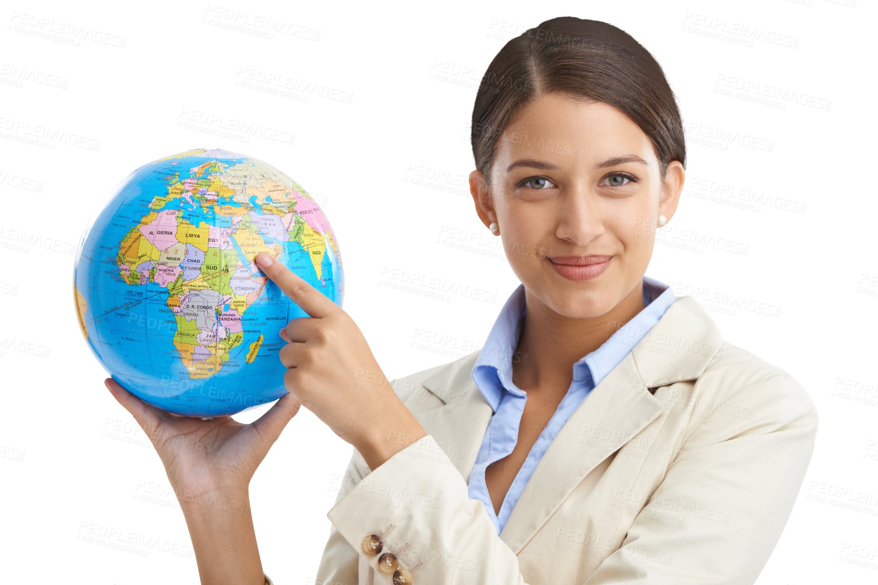 Buy stock photo Woman, portrait and globe for global business, pointing and isolated on transparent png background. Professional, businesswoman and worker with geography location for company, job and confidence