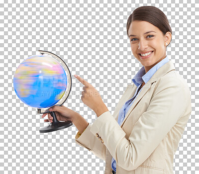 Buy stock photo Earth, portrait and business with woman, pointing and employee isolated on transparent background. Face, person and worker with a globe, international trade or supply chain with png or sustainability