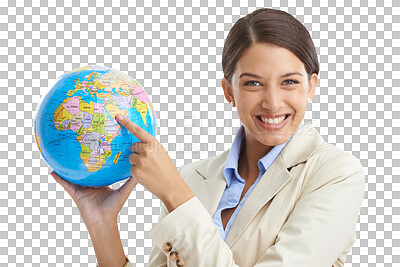 Buy stock photo Woman, portrait and globe for global business, smile and isolated on transparent png background. Professional, businesswoman and employee with geography location for company, job and confidence