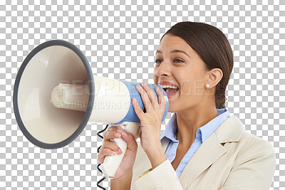 Buy stock photo Business woman, megaphone and shouting for announcement, attention and broadcast voice. Serious professional, speaker and speech, communication noise or news isolated on a transparent png background