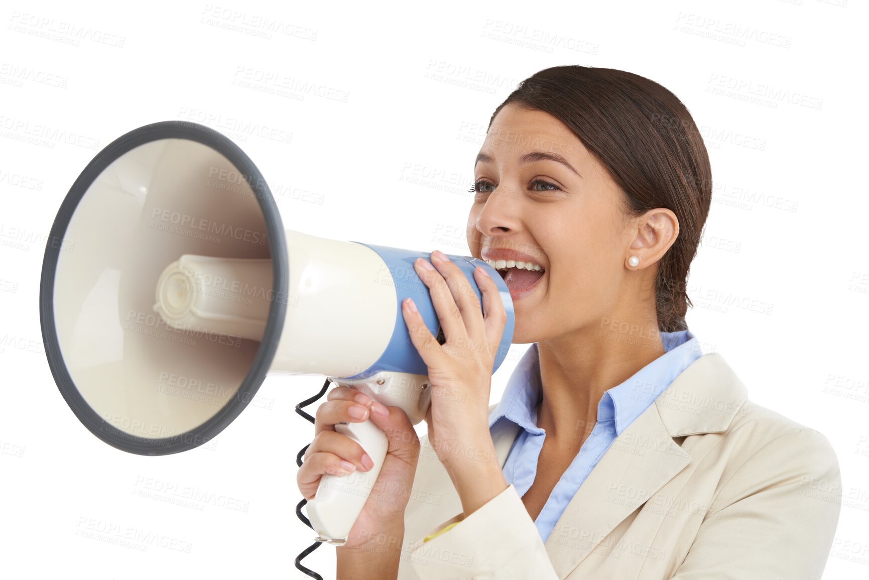 Buy stock photo Business woman, megaphone and shouting for announcement, attention and broadcast voice. Serious professional, speaker and speech, communication noise or news isolated on a transparent png background