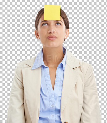 Buy stock photo Sticky note, forehead or woman in business with thinking, stress or confused for work with career anxiety. Young professional, problem or job frustration and isolated on transparent png background