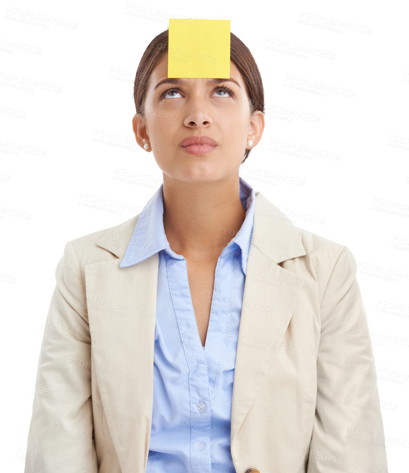 Buy stock photo Sticky note, forehead or woman in business with thinking, stress or confused for work with career anxiety. Young professional, problem or job frustration and isolated on transparent png background