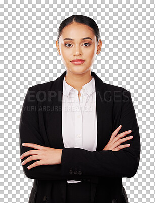 Business woman, arms crossed and portrait, confidence and lawyer isolated on white background. Face, professional and corporate attorney with career, employee and suit, pride and mission in studio