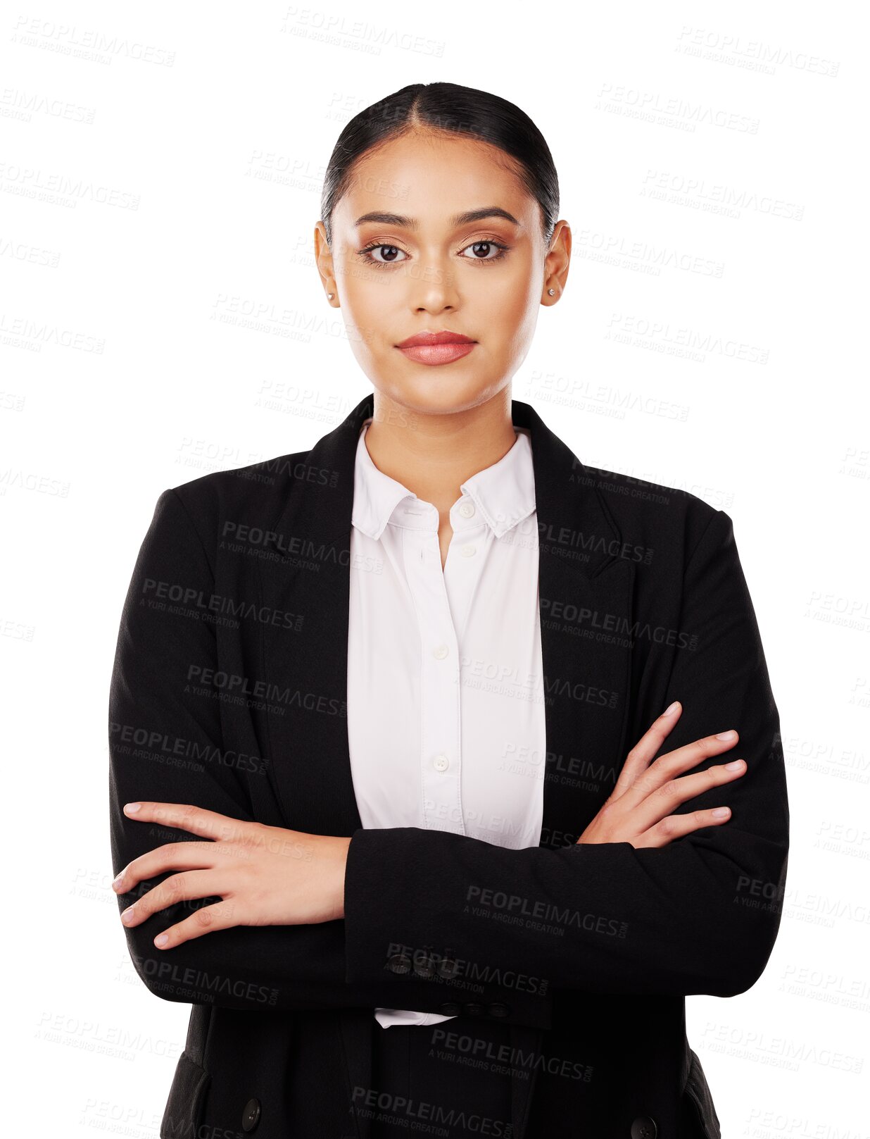 Buy stock photo Business woman, arms crossed and portrait with confidence  and legal career isolated on transparent png background. Face of a young professional worker, lawyer or attorney in suit for power in job