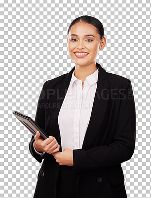 Buy stock photo Happy woman, portrait and lawyer with tablet for human rights isolated on a transparent PNG background. Female person, attorney or ambassador smile with technology for politics, law or advisor