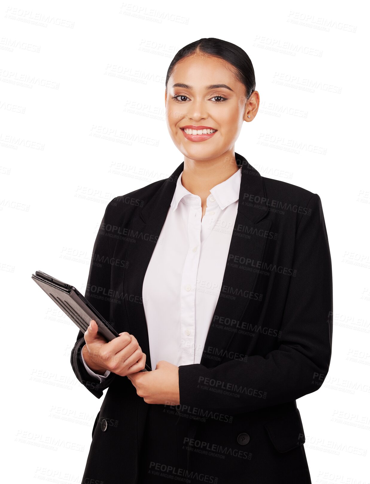 Buy stock photo Happy woman, portrait and lawyer with tablet for human rights isolated on a transparent PNG background. Female person, attorney or ambassador smile with technology for politics, law or advisor