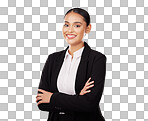Crossed arms, smile and portrait of businesswoman in a studio with positive and confident attitude. Happy, professional and young Indian female corporate lawyer attorney isolated by white background.