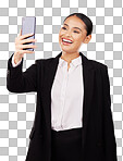 Business woman, phone and video call in discussion, networking or communication against a studio background. Happy female person or employee smile talking on mobile smartphone for online conversation
