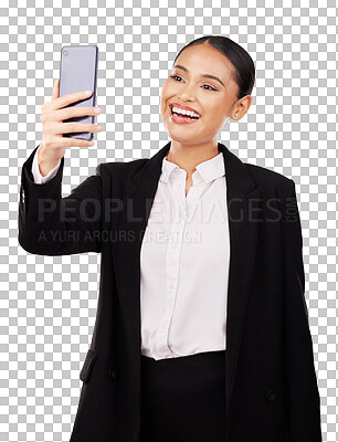 Buy stock photo Smile, selfie or business woman for video call, social media or company profile picture on isolated, transparent or png background. Happy latina person with networking, communication and internet app