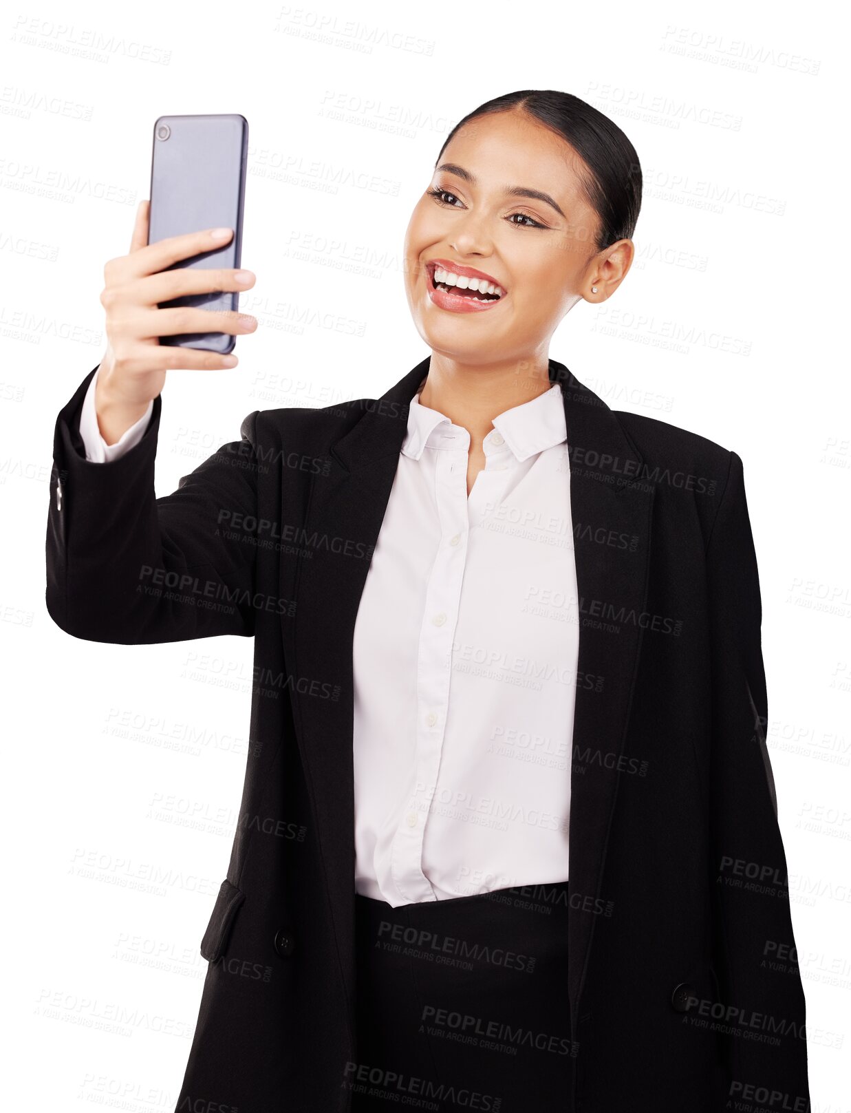 Buy stock photo Smile, selfie or business woman for video call, social media or company profile picture on isolated, transparent or png background. Happy latina person with networking, communication and internet app