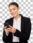 Happy business woman, phone and typing in social media, networking or communication against a studio background. Female person or employee smile in online texting or chatting on mobile smartphone app