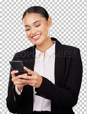 Buy stock photo Business woman, phone and reading email in negotiation, communication and client news. Smile, mobile or Indonesian worker on technology digital feedback on isolated, transparent and png background