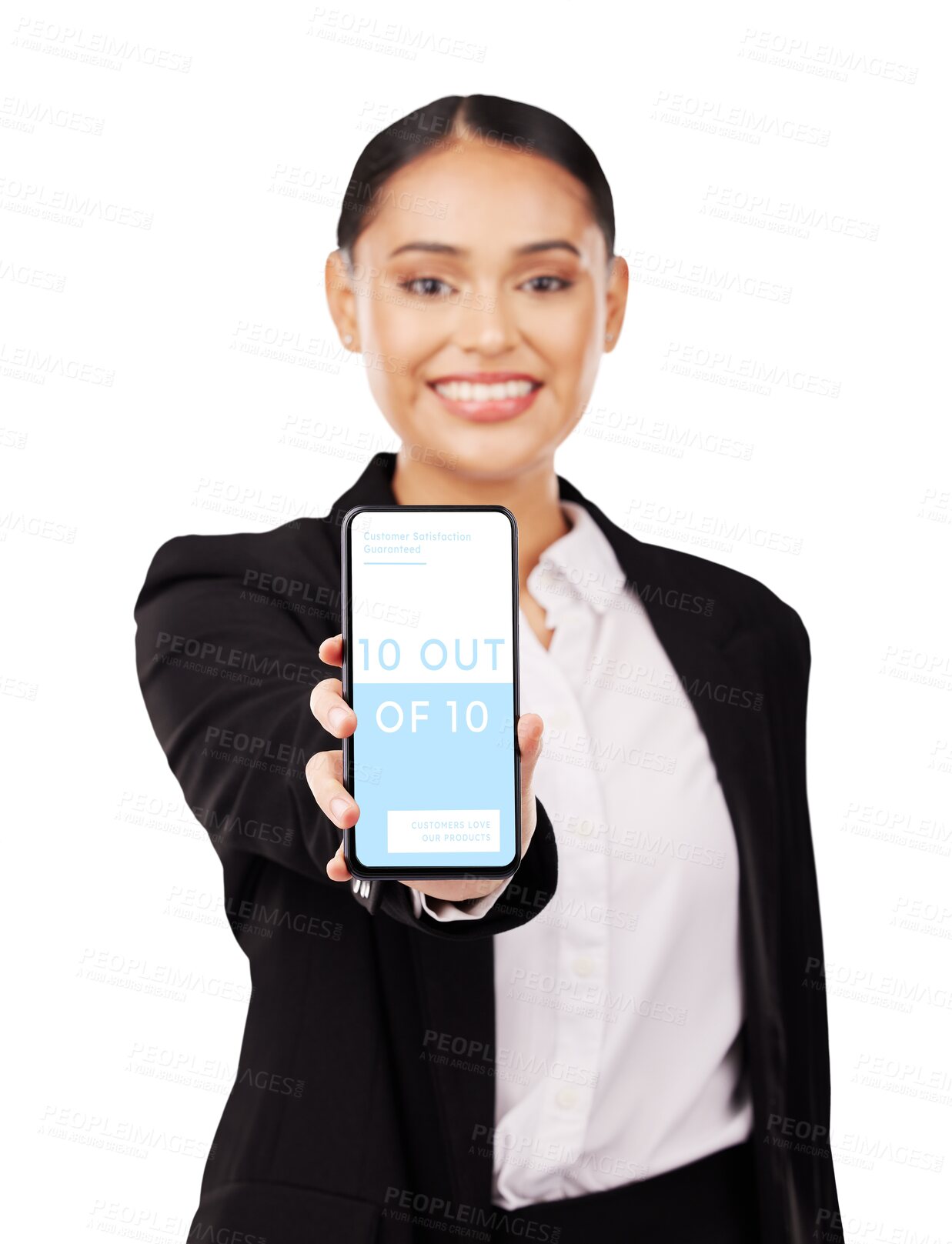 Buy stock photo Woman, phone screen or customer feedback review for rating, portrait or business client survey information. Smile, face and mobile technology for product ux on isolated, transparent or png background