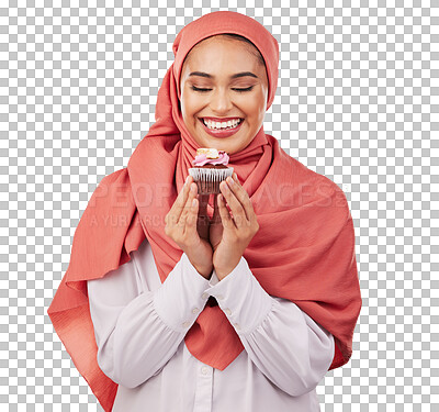 Smile, cupcake and celebration with a muslim woman in studio on a white background for dessert. Face, food and a happy young islamic person eating a cake, candy or sugar snack at a party event