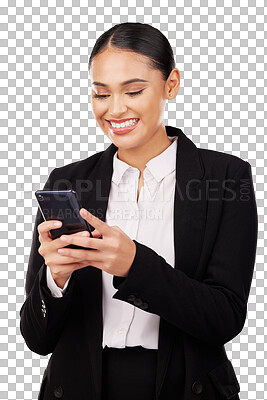 Buy stock photo Business woman, phone and typing for social media marketing, online communication or reading chat. Professional person search information or opportunity with mobile on a transparent, png background