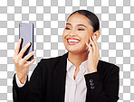 Video call, phone and earphones with a business woman in studio on a white background for communication. Smile, networking and music with a happy young employee reading a text message on her mobile
