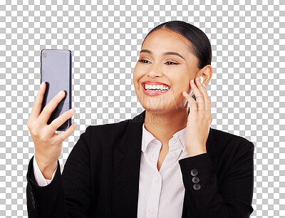 Buy stock photo Video call, phone and earphones of a business woman isolated on a transparent PNG background. Female person or employee smile on mobile smartphone for communication, networking or virtual meeting