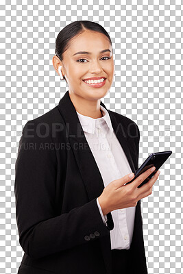 Portrait, phone and earphones with a business woman in studio on a white background for communication. Smile, networking and music with a happy young employee typing a text message on her mobile