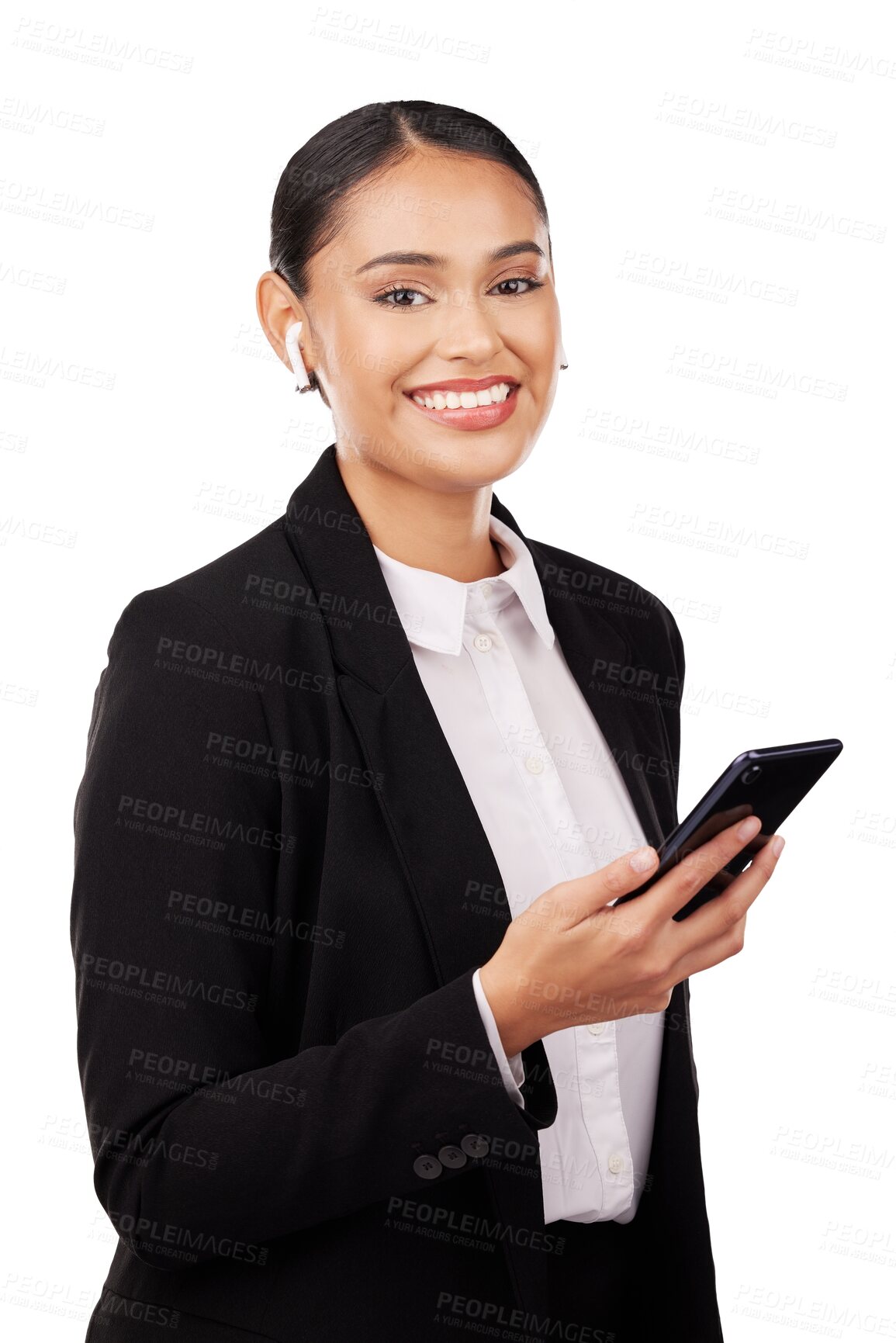 Buy stock photo Portrait, phone and earphones of a business woman isolated on a transparent PNG background. Female person or employee smile with mobile smartphone app for communication, networking or social media