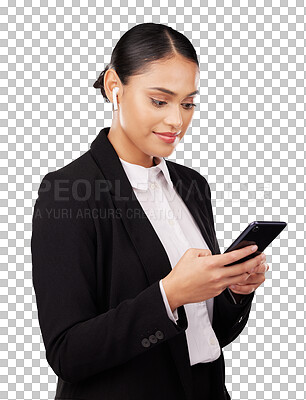 Communication, phone and earphones with a business woman in studio on a white background for networking. Contact, music and a happy young employee reading or typing a text message on her mobile