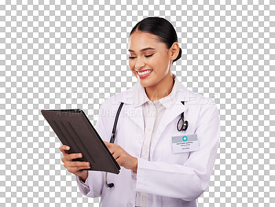 Happy woman, doctor and tablet in healthcare research, communica
