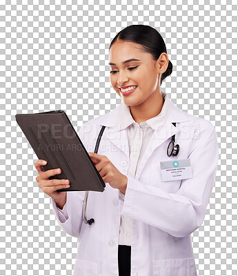 Buy stock photo Doctor, woman and tablet for healthcare planning, reading clinic results or schedule telehealth services. Professional medical worker isolated with digital technology on transparent, PNG background