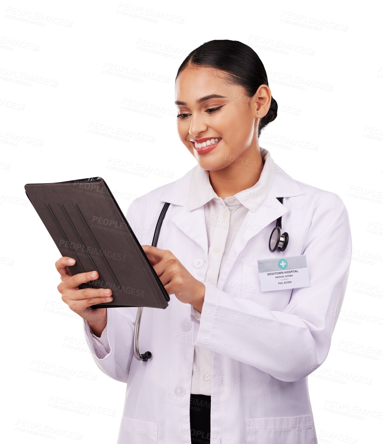 Buy stock photo Doctor, woman and tablet for healthcare planning, reading clinic results or schedule telehealth services. Professional medical worker isolated with digital technology on transparent, PNG background