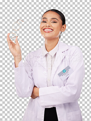 Buy stock photo Woman, optician glasses and doctor in portrait for eye care and smile isolated on transparent, png background. Face of ophthalmologist or medical professional with healthcare vision and arms crossed