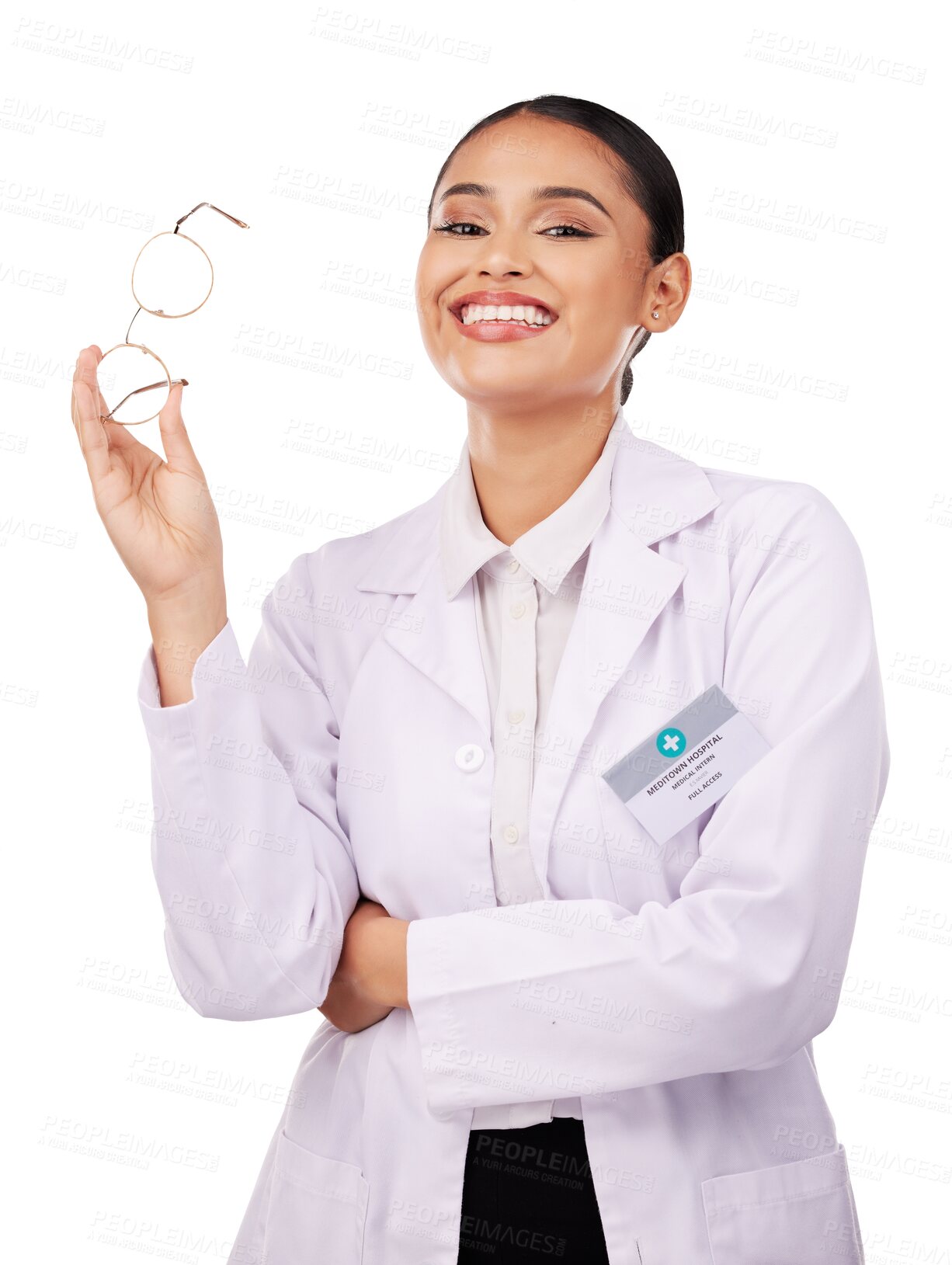 Buy stock photo Woman, optician glasses and doctor in portrait for eye care and smile isolated on transparent, png background. Face of ophthalmologist or medical professional with healthcare vision and arms crossed