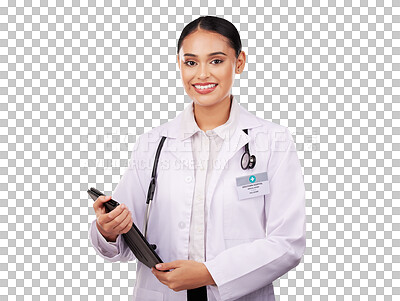 Happy woman, doctor and portrait with tablet in healthcare research or online advice against a studio background. Female person or medical professional smile with technology for Telehealth on mockup