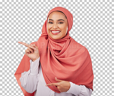 Buy stock photo Muslim, happy woman and pointing in portrait, advertising or presentation isolated on a transparent png background. Face, smile and person in hijab gesture at offer, announcement or sales information