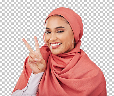 Peace sign, smile and muslim with portrait of woman in studio for support, kindness and motivation. Happy, emoji and wellness with face of person on white background for excited and v hand gesture