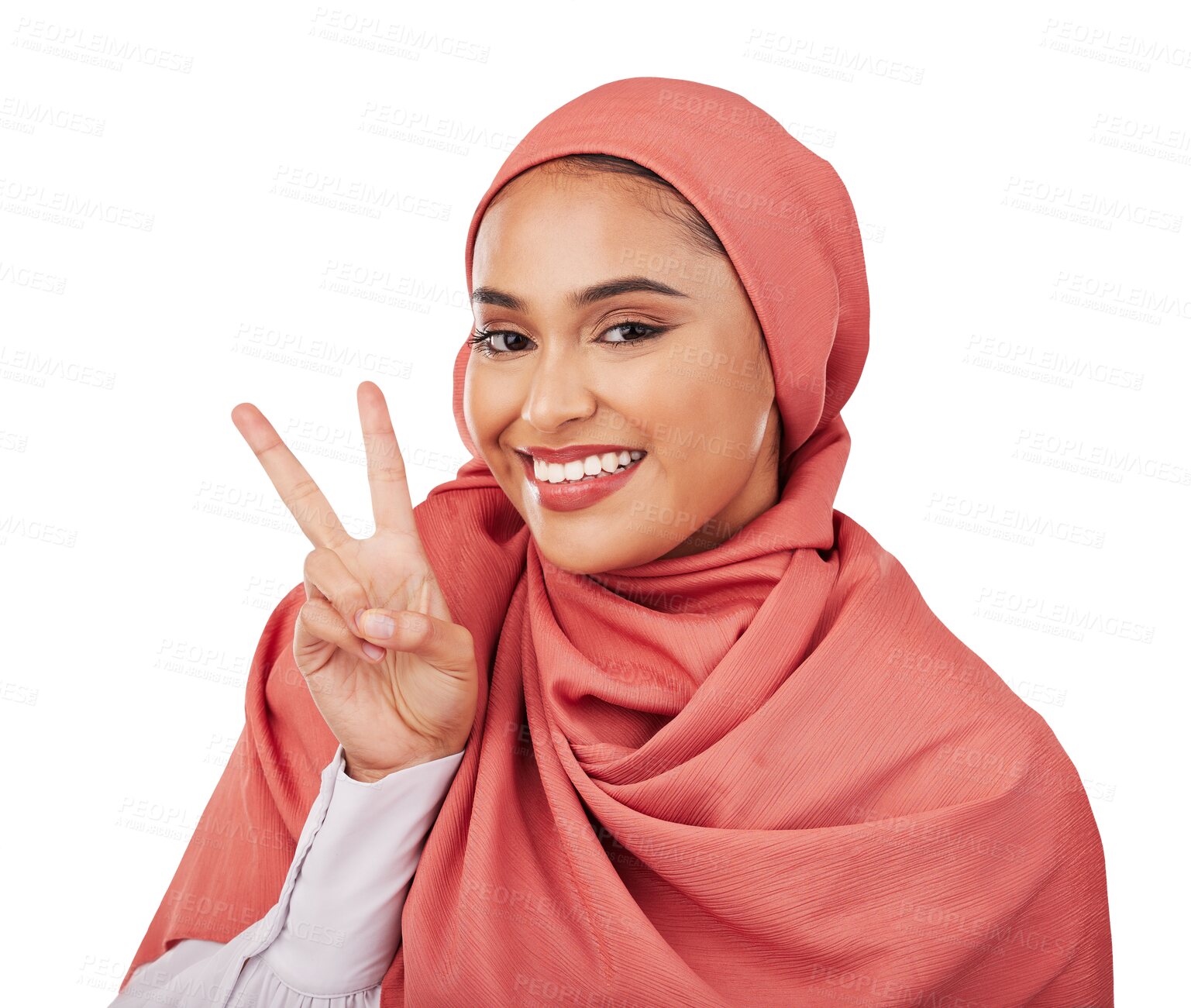 Buy stock photo Peace sign, smile and muslim woman with portrait on isolated transparent png background. Makeup, emoji and beauty with face of female, excited and hand gesture with hijab, islamic and v finger symbol