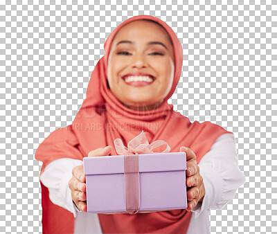 Buy stock photo Happy muslim woman, gift box and prize for offer, present or giveaway isolated on a transparent PNG background. Portrait of female person, islam or Saudi Arabia giving ribbon package for surprise