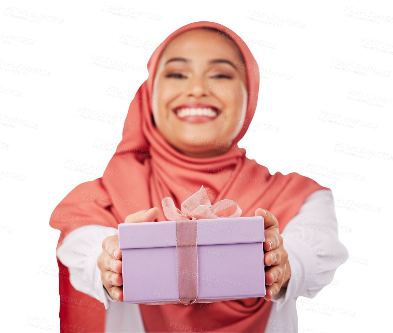 Buy stock photo Happy muslim woman, gift box and prize for offer, present or giveaway isolated on a transparent PNG background. Portrait of female person, islam or Saudi Arabia giving ribbon package for surprise