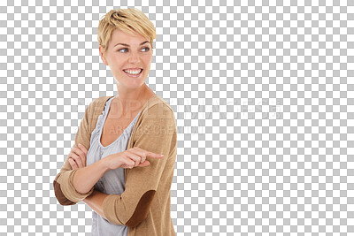 Buy stock photo Happy woman, pointing to information, presentation or marketing of fashion, sale or retail discount. Casual person or model with announcement, news or promotion isolated on transparent PNG background