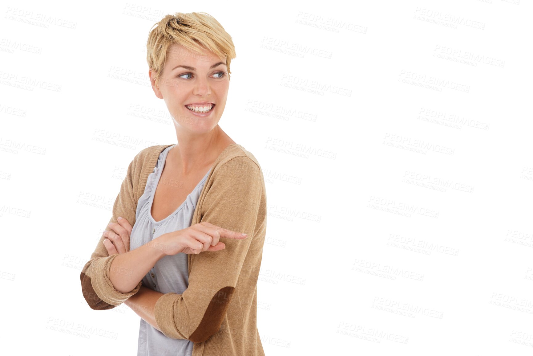 Buy stock photo Happy woman, pointing to information, presentation or marketing of fashion, sale or retail discount. Casual person or model with announcement, news or promotion isolated on transparent PNG background