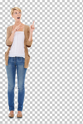 Buy stock photo Excited, pointing and woman with surprise, wow and promotion isolated on transparent background. Person, girl and model with hand gesture, shocked and announcement with news, emoji and png with omg