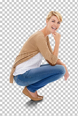 Buy stock photo Portrait, fashion and woman squat, happy and isolated on a transparent png background. Excited, young or blonde person crouching in stylish casual clothes, trendy jeans and funny laugh in Switzerland