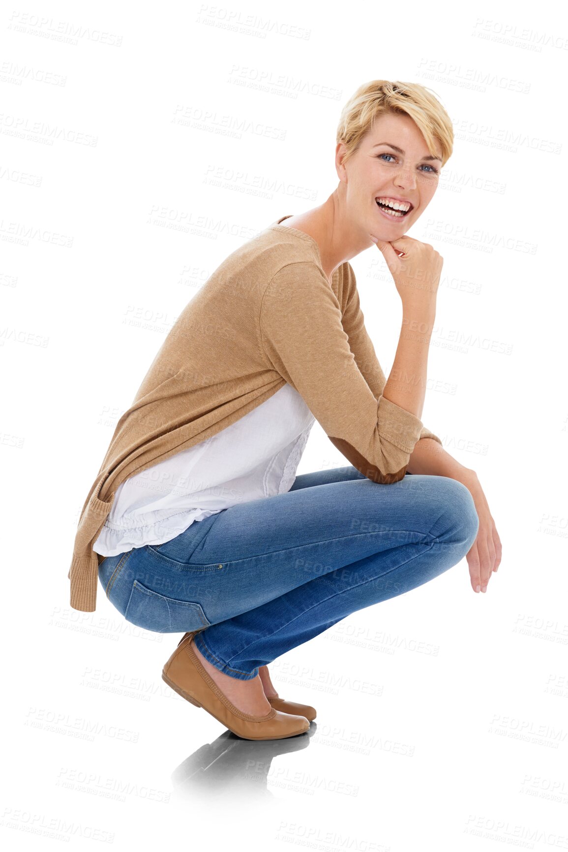 Buy stock photo Portrait, fashion and woman squat, happy and isolated on a transparent png background. Excited, young or blonde person crouching in stylish casual clothes, trendy jeans and funny laugh in Switzerland