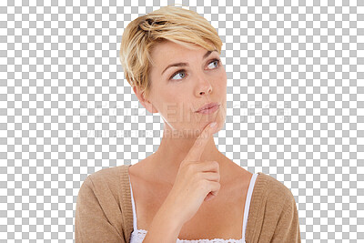 Buy stock photo Woman, finger or thinking of idea, future or vision inspiration on isolated, transparent or png background. Model, person or planning decision in fashion style choice, trendy or cool clothes solution