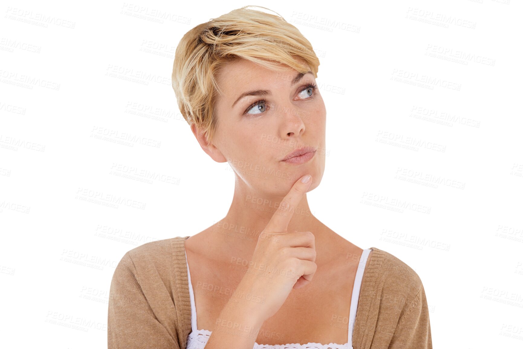 Buy stock photo Woman, finger or thinking of idea, future or vision inspiration on isolated, transparent or png background. Model, person or planning decision in fashion style choice, trendy or cool clothes solution