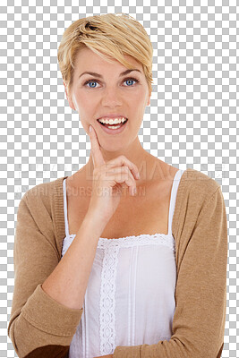 Buy stock photo Thinking, happy and portrait of woman with smile on isolated, png and transparent background. Question, wonder and face of excited person with thoughtful, brainstorming ideas and problem solving