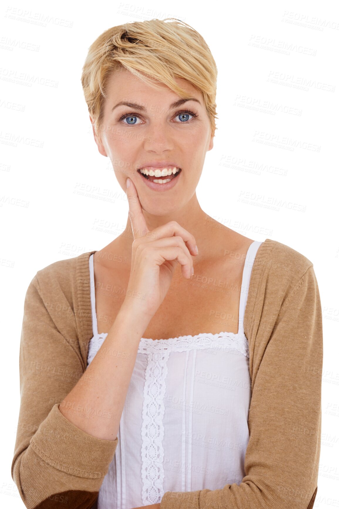 Buy stock photo Thinking, happy and portrait of woman with smile on isolated, png and transparent background. Question, wonder and face of excited person with thoughtful, brainstorming ideas and problem solving