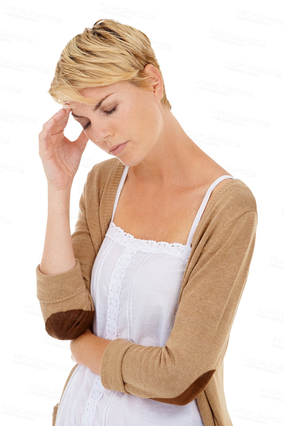 Buy stock photo Frustrated woman, headache and stress in mistake, burnout or fail isolated on a transparent PNG background. Upset female person or blonde with migraine in disappointment, anxiety or mental health