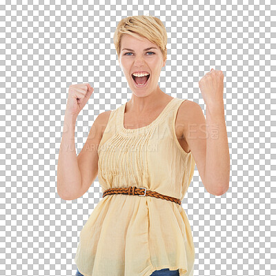 Buy stock photo Woman, winner and yes or celebration portrait for success, achievement or winning competition, sale or giveaway. Excited casual person with fist, power and wow for news on transparent, png background