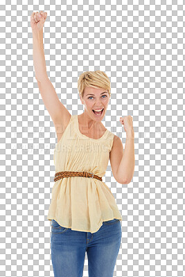 Buy stock photo Woman, winner and dance or celebration portrait in success, achievement or winning competition or sale. Excited person with energy and fist, power or wow or yes for news on transparent png background