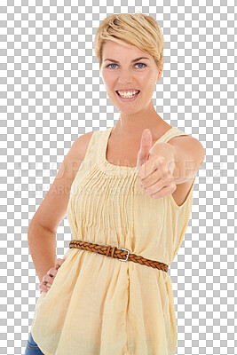 Buy stock photo Portrait, thumbs up and woman with support, feedback and promotion isolated on transparent background. Person, girl or model with hand gesture, opportunity or smile with like, review or png with icon