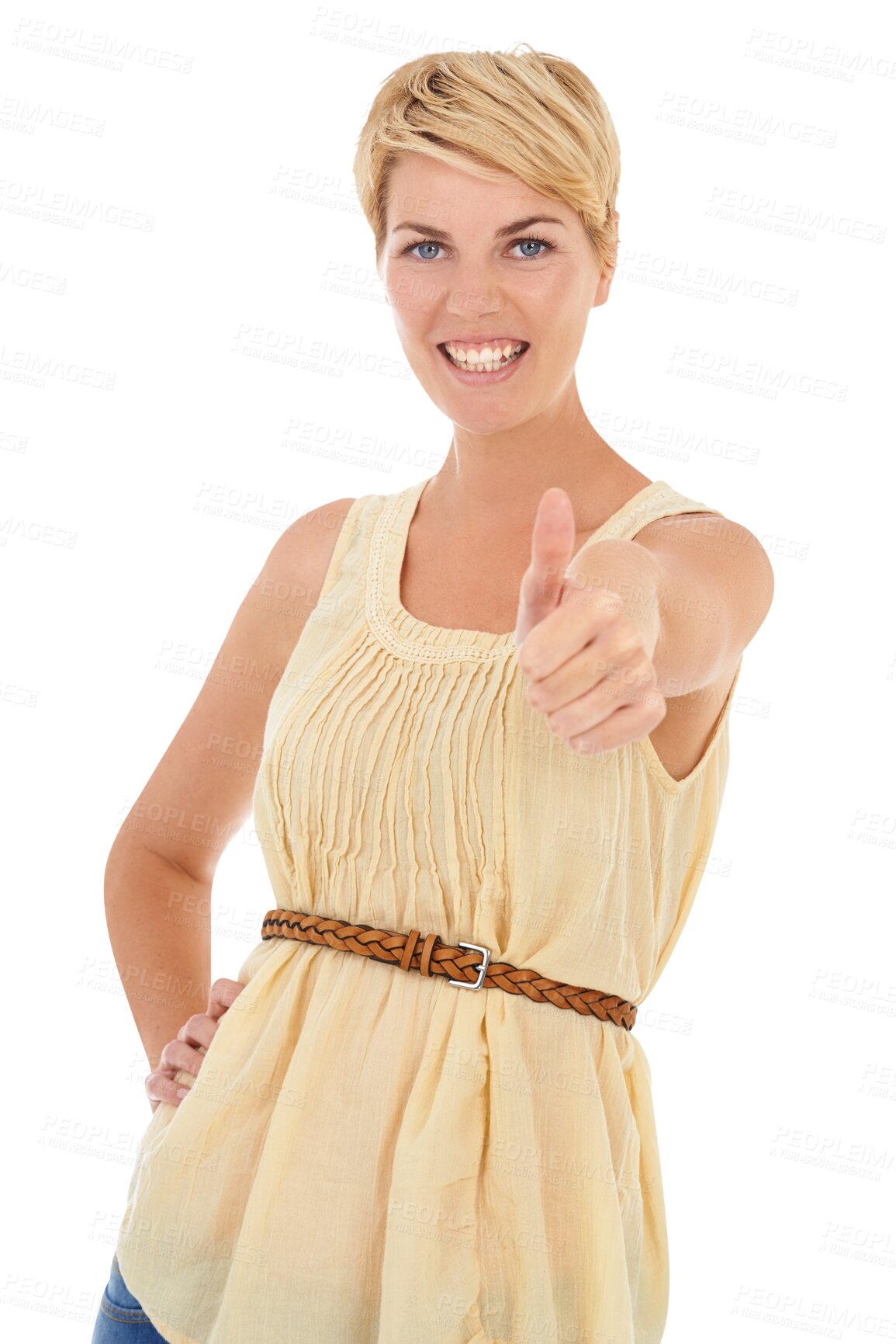 Buy stock photo Portrait, thumbs up and woman with support, feedback and promotion isolated on transparent background. Person, girl or model with hand gesture, opportunity or smile with like, review or png with icon